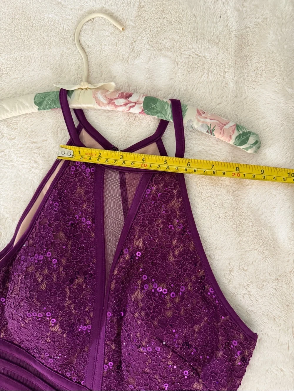 Morgan & Co. Purple Sequin Lace Open Back Formal Gown Size 3 Tall - Picture 8 of 13